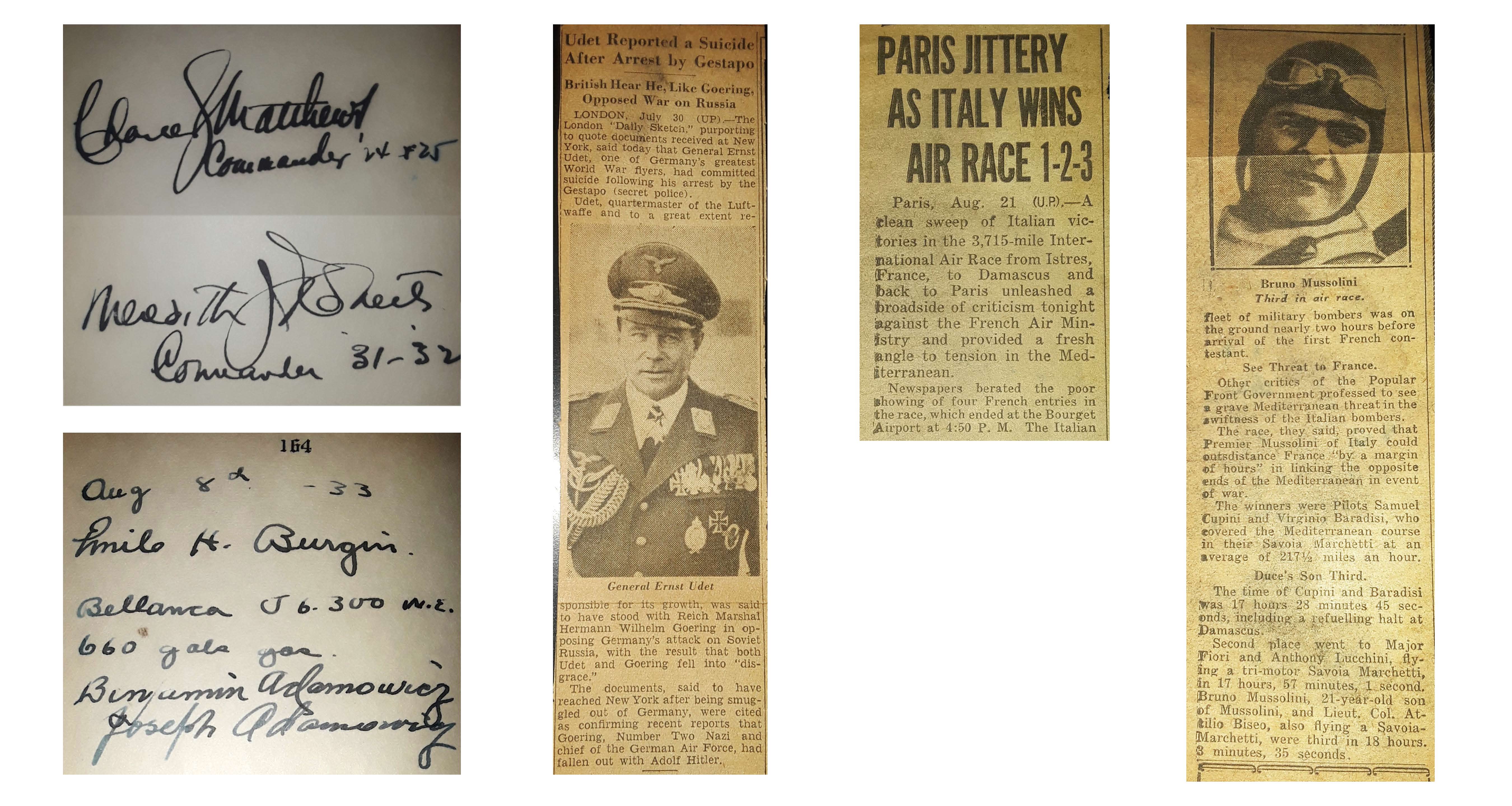 Ernst Udet newspaper clipping, Italian air race, commanders